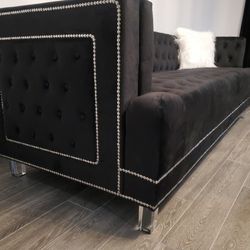 Sofa Loveseat Set Nailhead Trim Accent White Fur Pillows Include Tufted Acrylic Legs Black Velvet Firm Price $1,300