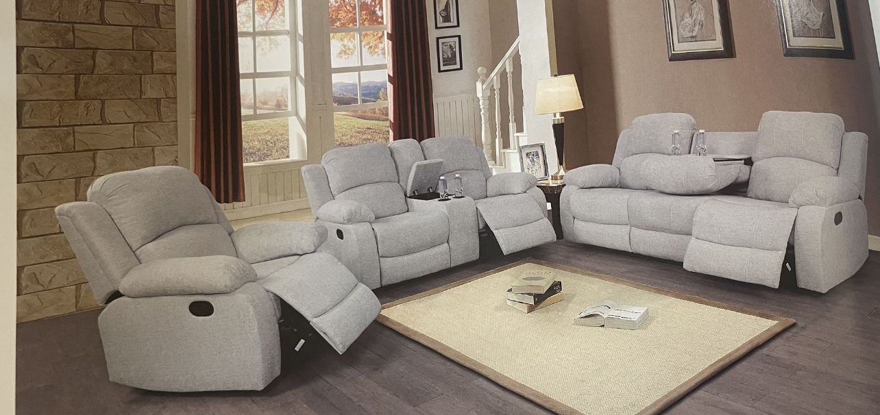 Grey Chenille Fully Reclining Three Piece Couch Set