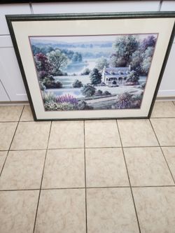 Raos Framed Landscape Art Print House Gatdens Trees Flowers Large 42” X 32”