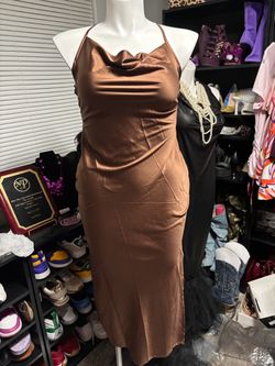 Brown Satin Cowl Neck Slip Dress