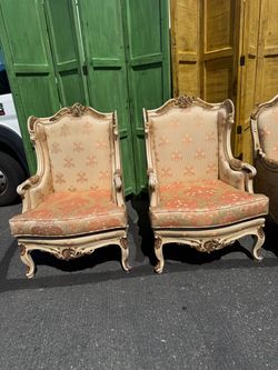 Vintage Pair of French Louis XV Style Bergère Armchairs | Carved Wood Accent Chairs