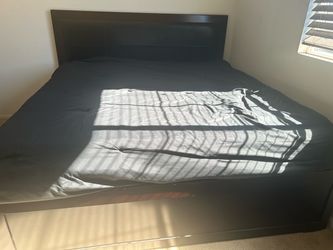 California King Bed Frame & Mattress – Dark Wood and Leather Upholstery