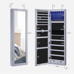 SONGMICS 6 LEDs Mirror Jewelry Cabinet, 47.2-Inch Tall Lockable Wall or Door Mounted Jewelry Armoire Organizer with Mirror, 2 Drawers, 3.9 x 14.6 x 47