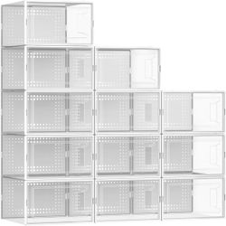 12 Pack X Large Shoe Organizer Storage Boxes for Closet, Modular Space Saving Shoe Boxes Clear Plastic Stackable Sneaker Containers Display Case with 