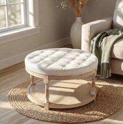 Round Tufted Ottoman Coffee Table with Wood Base