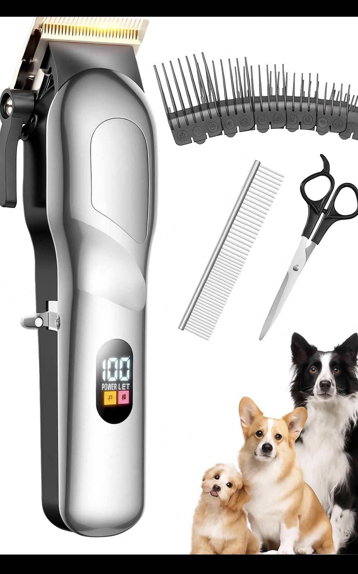 New Professional Cordless Dog Pet Hair Clippers Grooming Kit Low Noise 8 Combs