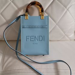 Fendi Mini Sunshine Shopper Tote Crossbody Bag 2Way Baby Blue Leather New