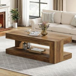 Coffee Table for Living Room, 47.24 Inch Farmhouse 2-Tier Accent Center Tea Cocktail Table with Storage, Brown, Rectangle