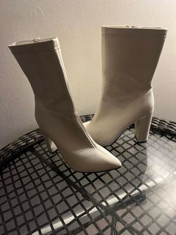 Cream Pointed-Toe Heeled Ankle Boots