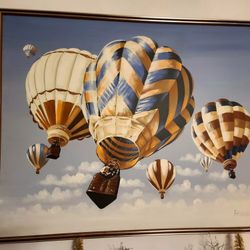 Large Vintage large-scale framed painting colorful hot air balloons