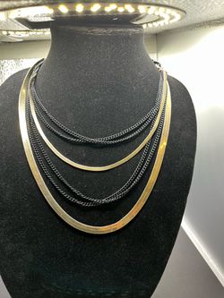 Gold Tone Herringbone and Black Curb Chain Necklace Set