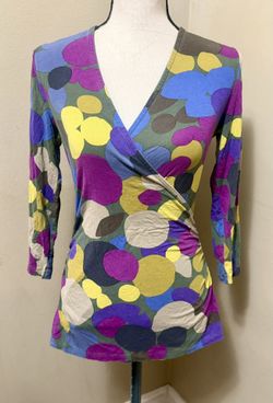 BODEN Womens Sz 6 Multi-color 3/4 Sleeve Faux Wrap Top Boho Circle Print Stretch