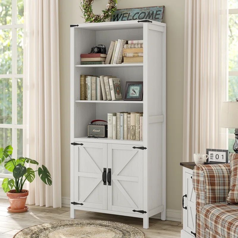 70" Tall Farmhouse 5 Shelf Bookcase with Doors, Freestanding Library Bookshelf, White Finish