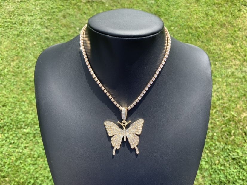 14k Gold Plated Iced Butterfly Pendant with Tennis Chain Necklace 4mm 18” Men’s Women’s Premium Men’s Women’s