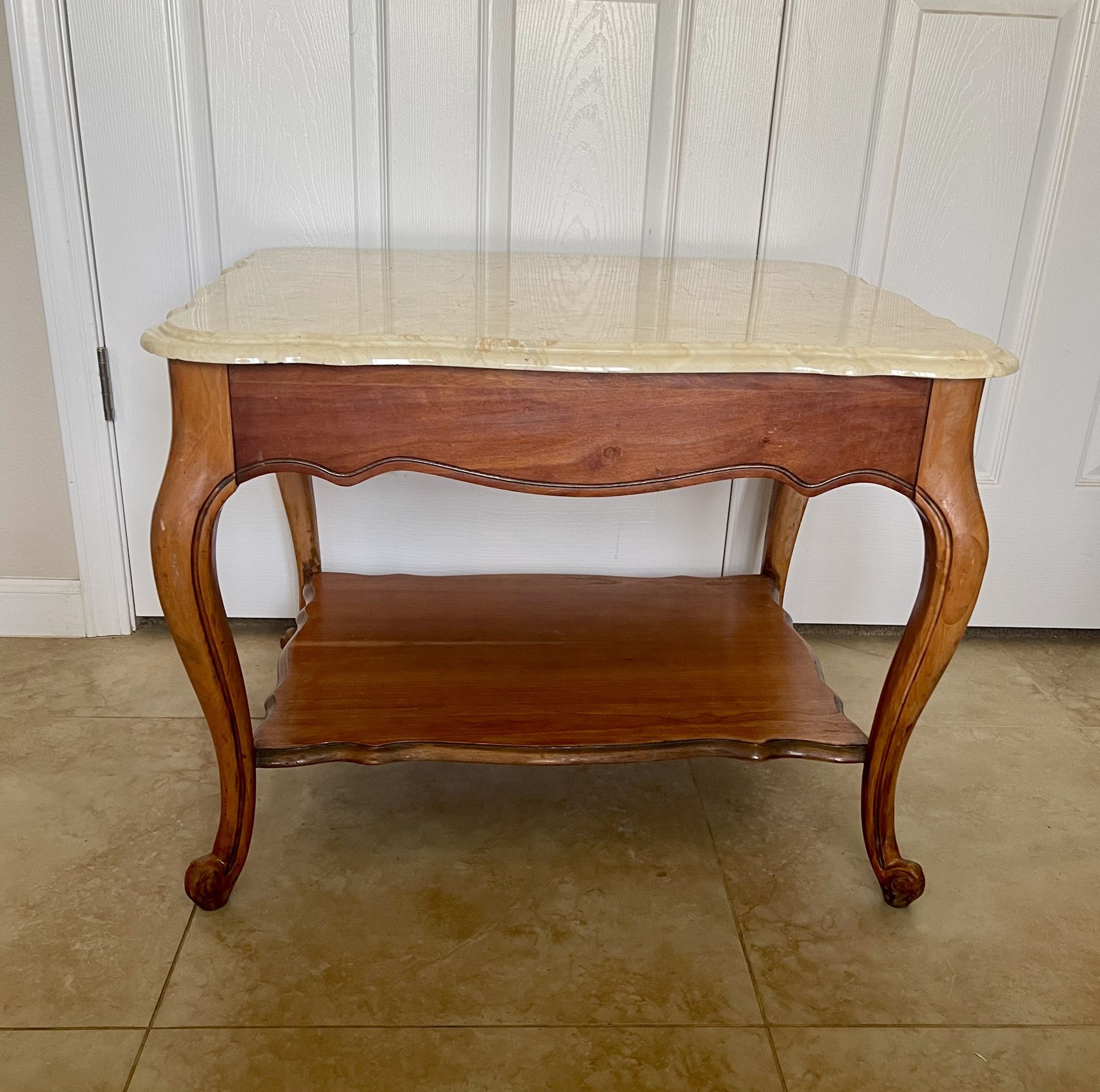 Antique Louis XV Style French Provincial Solid Wood Table with Scalloped Marble Top