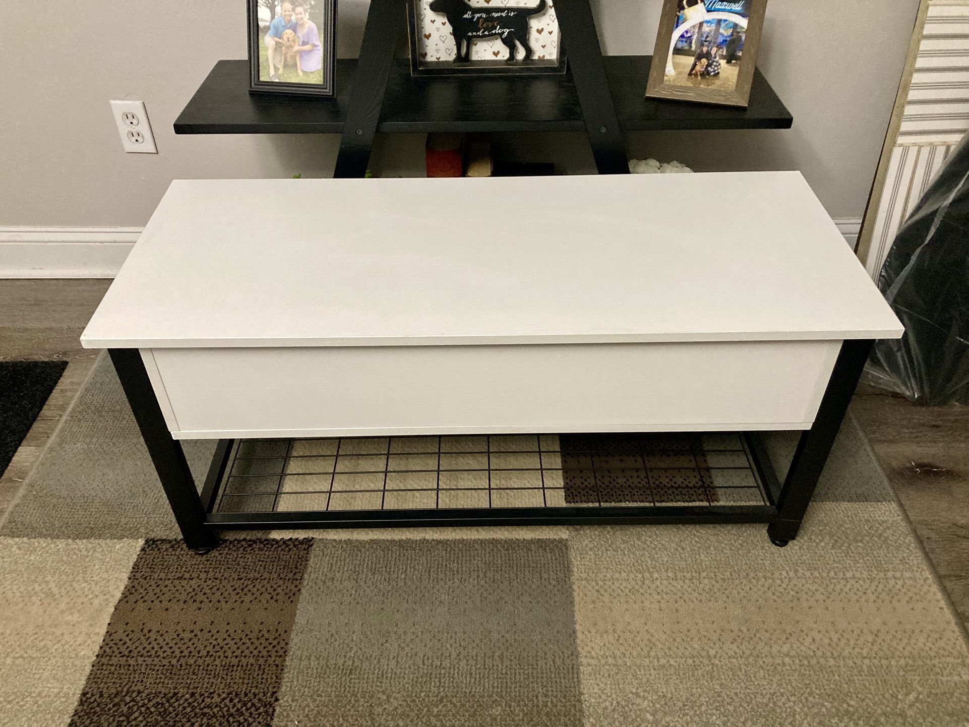 Storage Bench/Chest, White Wood/Black Metal 39Lx16Dx18H