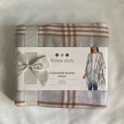 Three Dots Plaid Cashmere Blend Wrap Gray Brown Fringe Soft