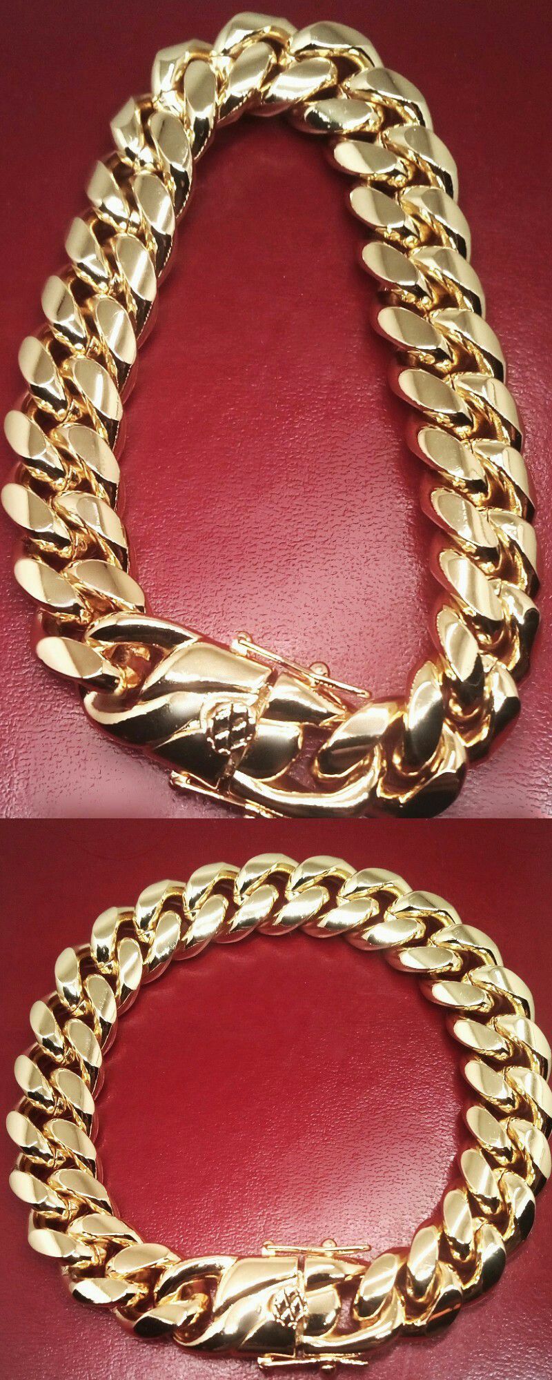 18K Gold Bonded Stainless Steel 14mm Cuban Link Chain Bracelet 8"or 9" New in Gift Box