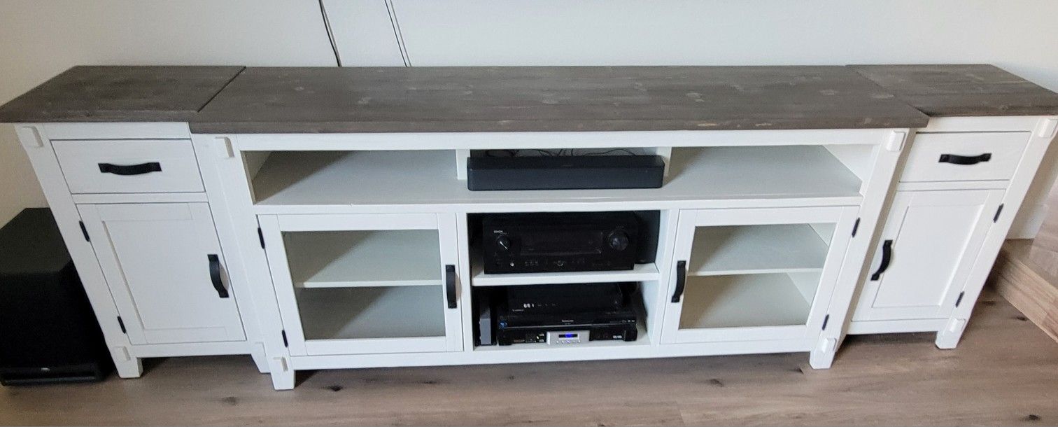 3 Piece Entertainment Console Gray Wood Top/ White Surround