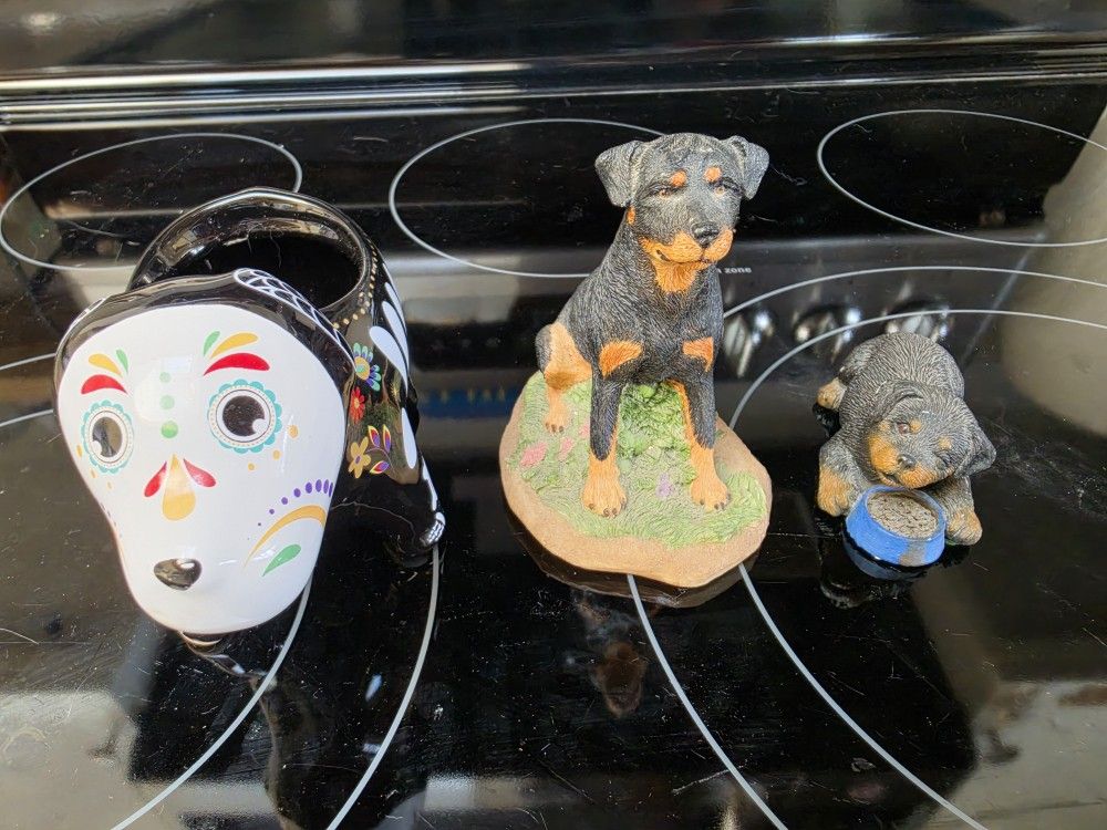 3x Rottweiler Dog Figurines and Plant Holder