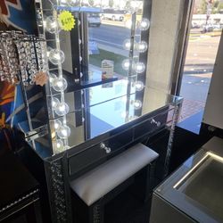 Brand New Vanity Set All Glass With Hollywood Mirror, Bench & Clear Light Builbs $599 Now