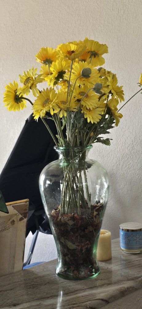 Silk Plants, Vases With Beautiful Flowers. Ceramic, Crystal