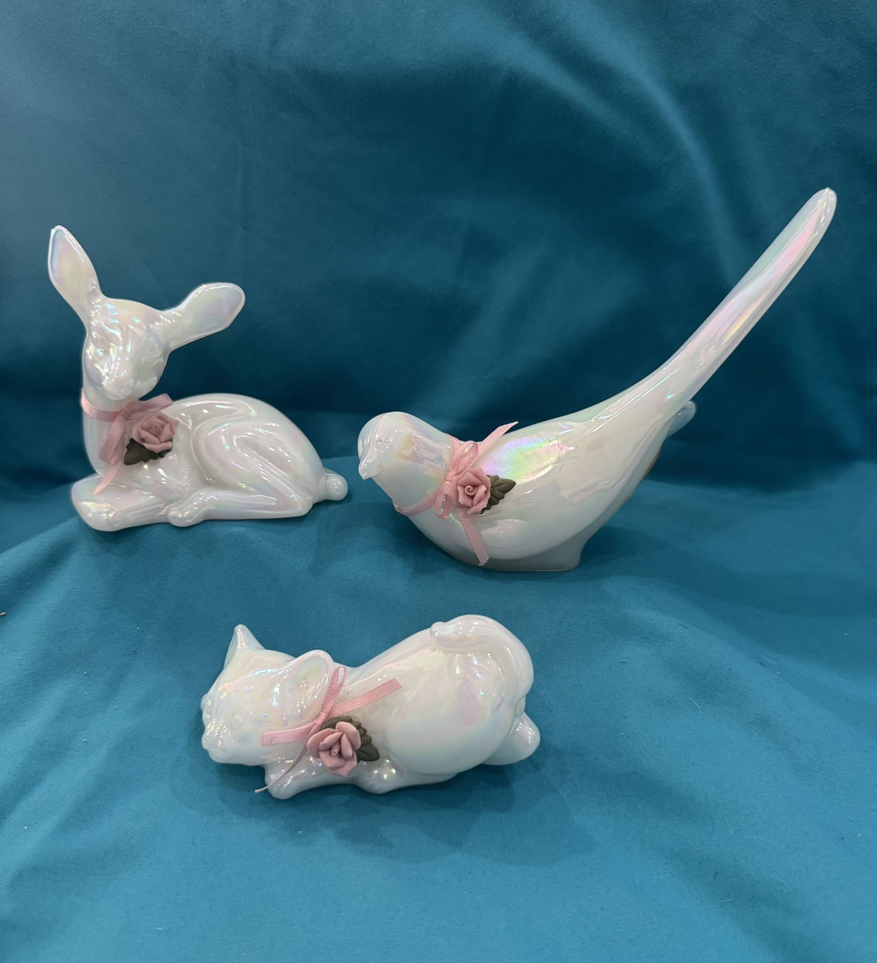 VTG collection Of Fenton Opalescent Pearl Glass Kitten-Fawn Deer-Long Tail Bird