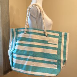 New DSW TOTE BAG - Tourquoise/beige striped with beige rope handles
