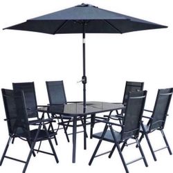 8-Piece Outdoor Patio Dining Set with Tilting Umbrella, Glass Table, & Folding Chairs