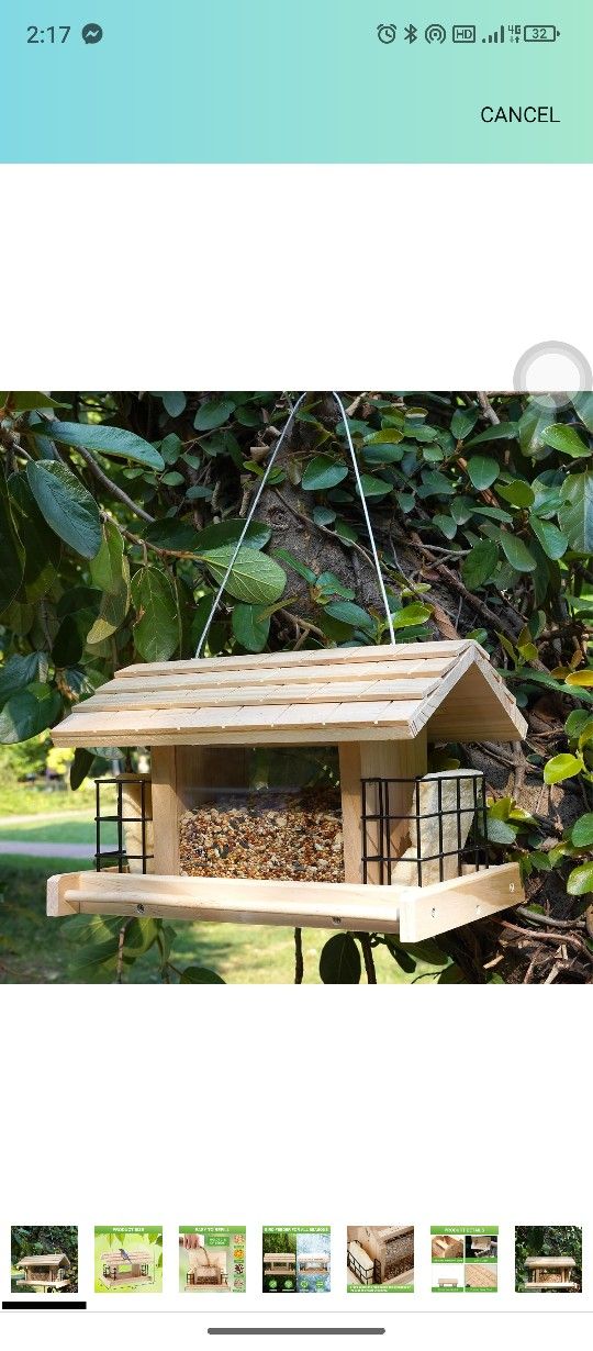 Wooden Bird Feeder for Outdoors Hanging Mount Large Capacity, Pine Garden Roof Feeder with 2 Suet Cages, Cardinal Bluebird Birdfeeder for Garden Decor
