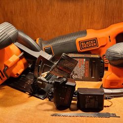 BLACK DECKER 20V CORDLESS BDCR20 RECIPROCATING SAW BDCCS20 + CIRCULAR SAW + BATTERY AND CHARGER + BLACK & DECKER CORDED MOUSE/DETAIL SANDER BDEMS600
