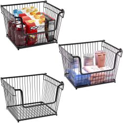 Wire Metal Basket Bin Stackable Storage Baskets Cubby Bins for Food Kitchen, Home, Pantry Snack, Vegetable, Potato, Onion, Laundry Room, Office, Fa