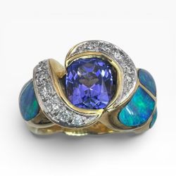 18K Yellow Gold Ring with Australian Opals Tanzanite and Diamonds. (Size 6.00)