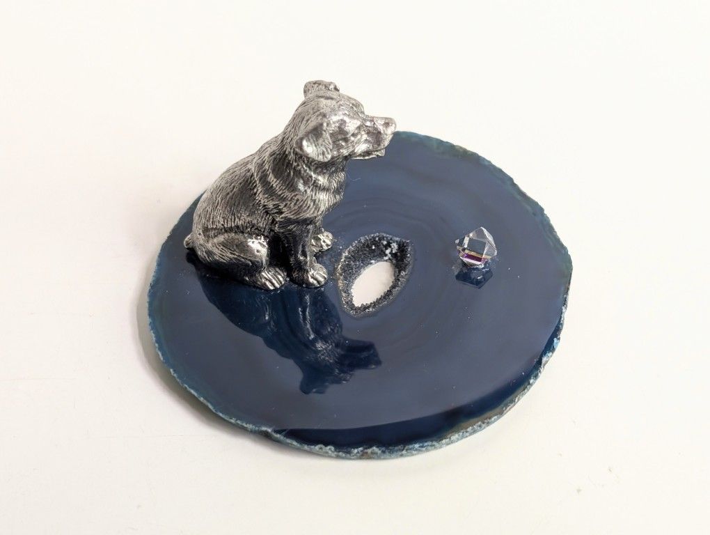 Pewter Dog Figurine on Blue Agate Geode Slice w/ Iridescent Crystal Paperweight