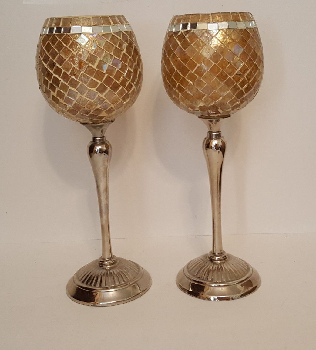 2 Gold, Silver and mirror tile votive candle holders