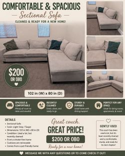 Light Gray Sectional Sofa – Recently Cleaned – $200 OBO