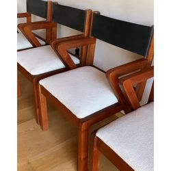 1960s Mid Century Modern SOLID TEAK Craft Movement Leather Sling Dining Chairs Craftsman Made
