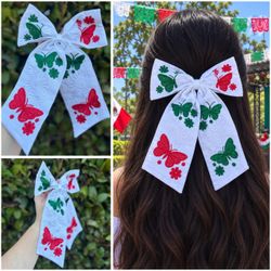 Mexican Independence Day White Tricolor Butterfly Hair Bow - Moño White Mariposa Tricolor Mexicano