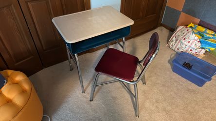 Vintage metal school desk and chair