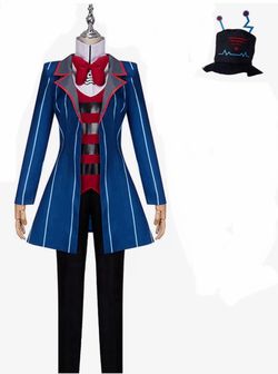 Unisex Men Anime Hotel Vox Cosplay Costume Blue Striped Suit Uniform Jacket Coat Pants Hat Gloves Halloween Outfit size large