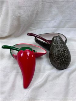 Ceramic Avocado and Red Chili Pepper Condiment Dishes For Guacamole and Salsa