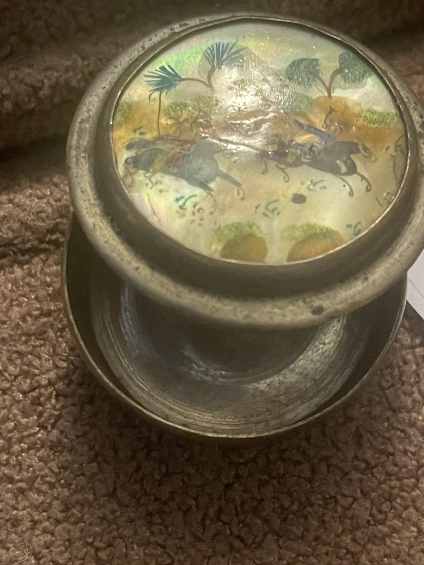 Vintage -Persian Silver Box - Two Horsemen Are Featured In The Pearl Top.
