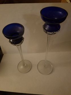 Pair of Romanian Cobalt Blue And Clear Crystal Swirl Stem Candle Holders.
