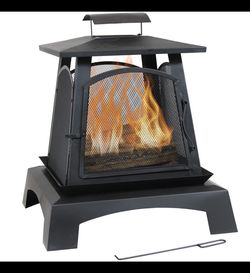 Sunnydaze 32-Inch Pagoda-Style Steel Wood-Burning Fire Pit with Log Grate and Poker - Black High-Temperature Paint Finish