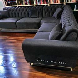 Black 🖤 Velvet Sofa& Couch,Bella 3 Piece Sectional. Tufted Living Room Set 