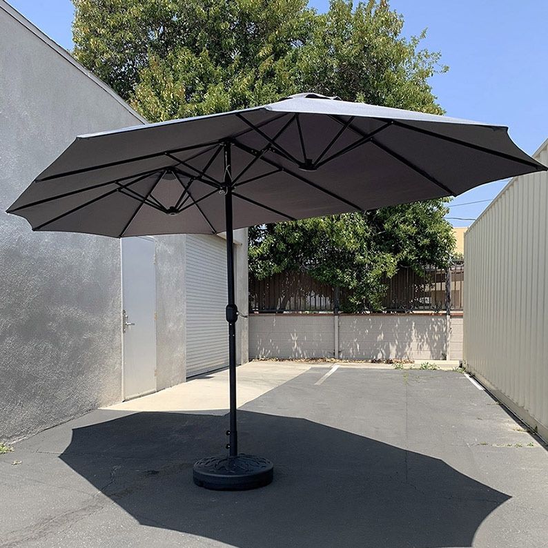Brand New $115 Large Double Sided Outdoor (15ft Umbrella and 65lbs Plastic Base set) Colors Red/Gray