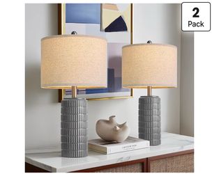 PoKat 23" Ceramic Dark Gray Table Lamps Set of 2 for Living Room, Modern Bedside Lamps for Bedroom, Farmhouse Nightstand Lamp for Home Office Guest Ro