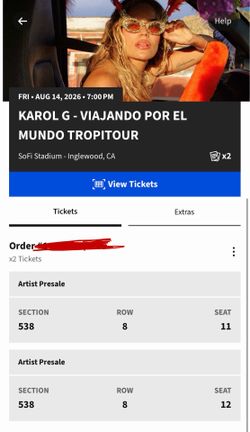 2x KAROL G LA CONCERT TICKETS SOFI 08/14/26