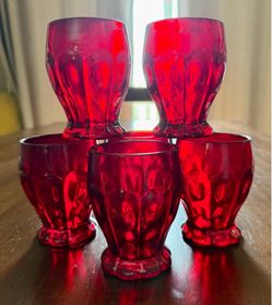 1930's FENTON Ruby Red Thumbprint 4" Tumblers - Dot Panel Scalloped Base Set of 6