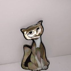 Vintage Adorable Lee Sands Cat Brooch Mosaic Mother Of Pearl Inlay On Lucite